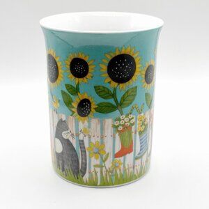 Debbie Mumm‎ Coffee Floral Mug Sunflowers Cat Picket Fence County Porcelain Cup